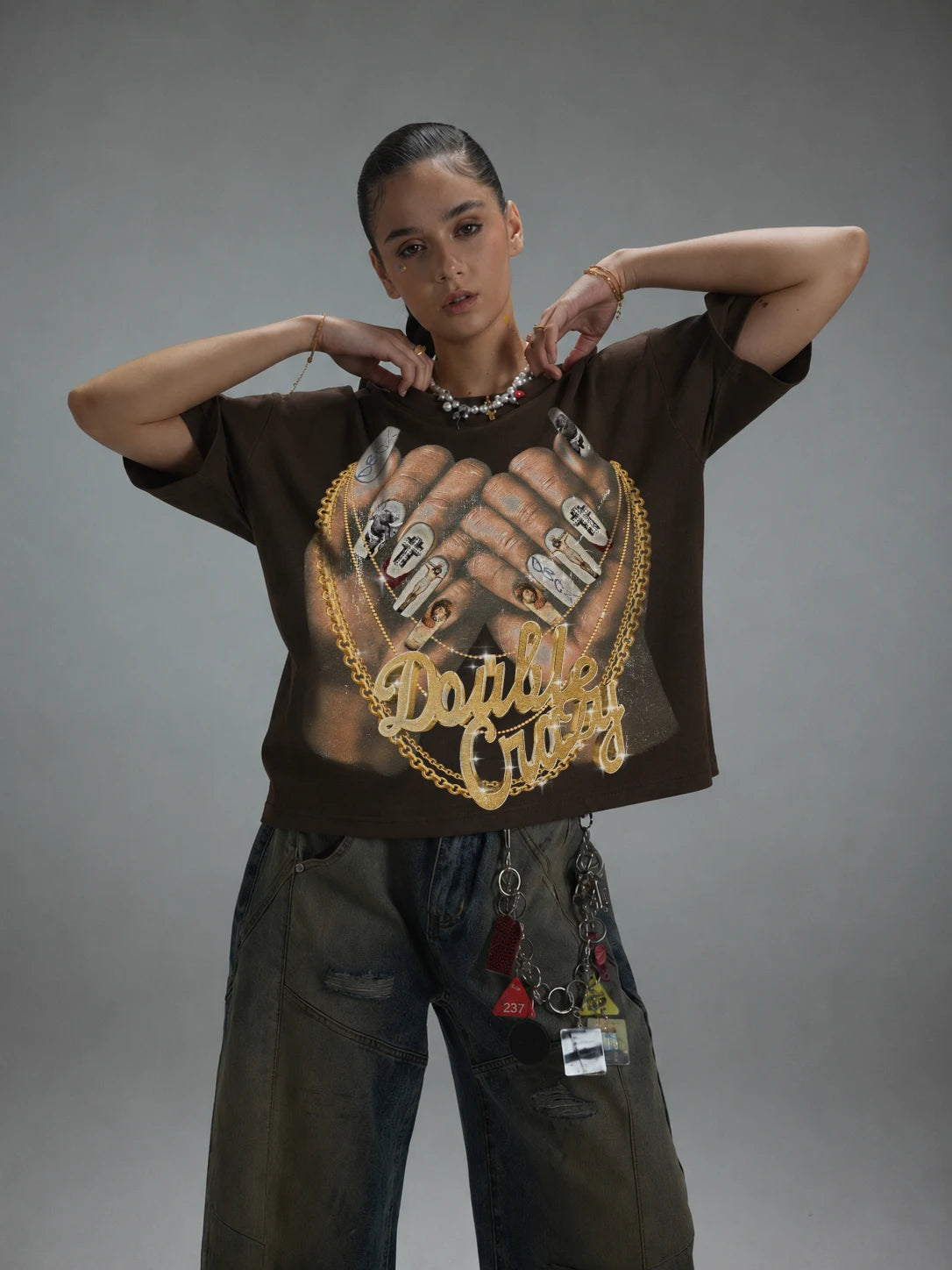 Bling Gold Chain Nail Boxy Tee-593