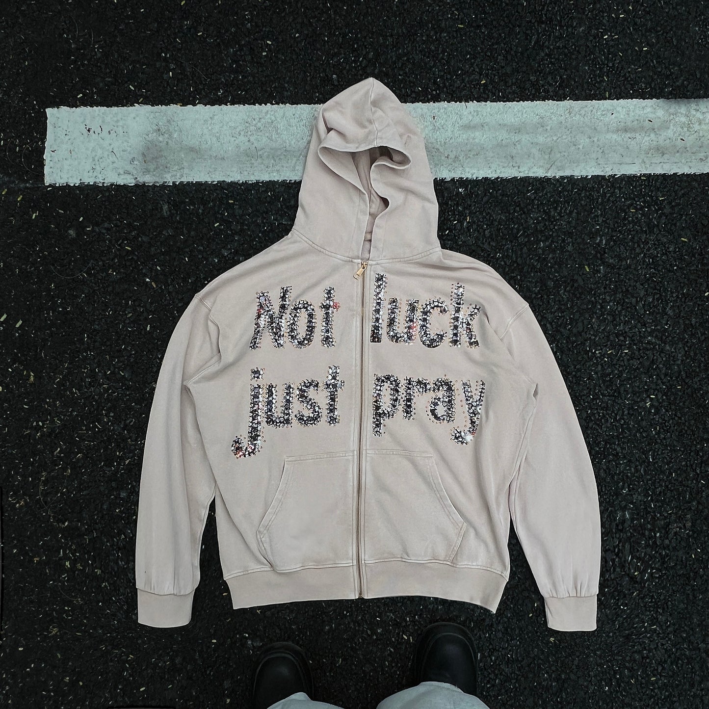 Double Crazy Hoodie with Crystal Not Luck Just Pray Text Graphic - 069