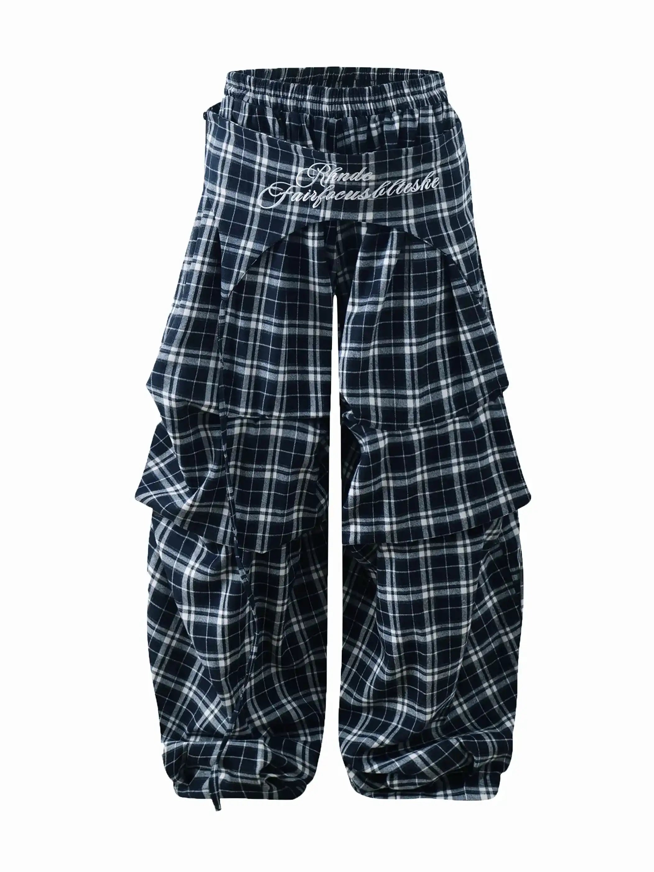 Plaid Loose Fit Layered Cargo Pants-S1041