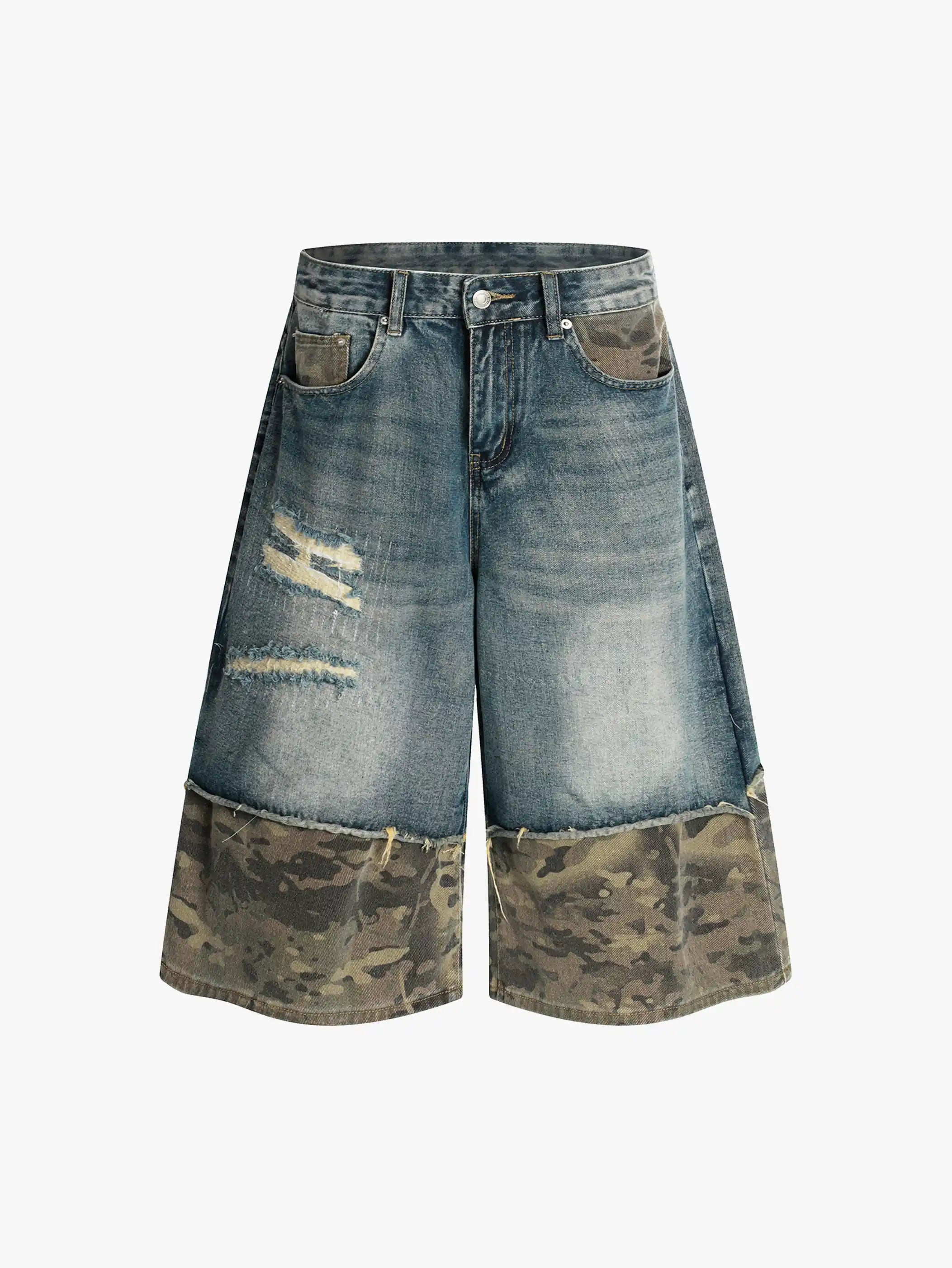 Vintage Camo Patchwork Wasteland Denim Shorts-S1077