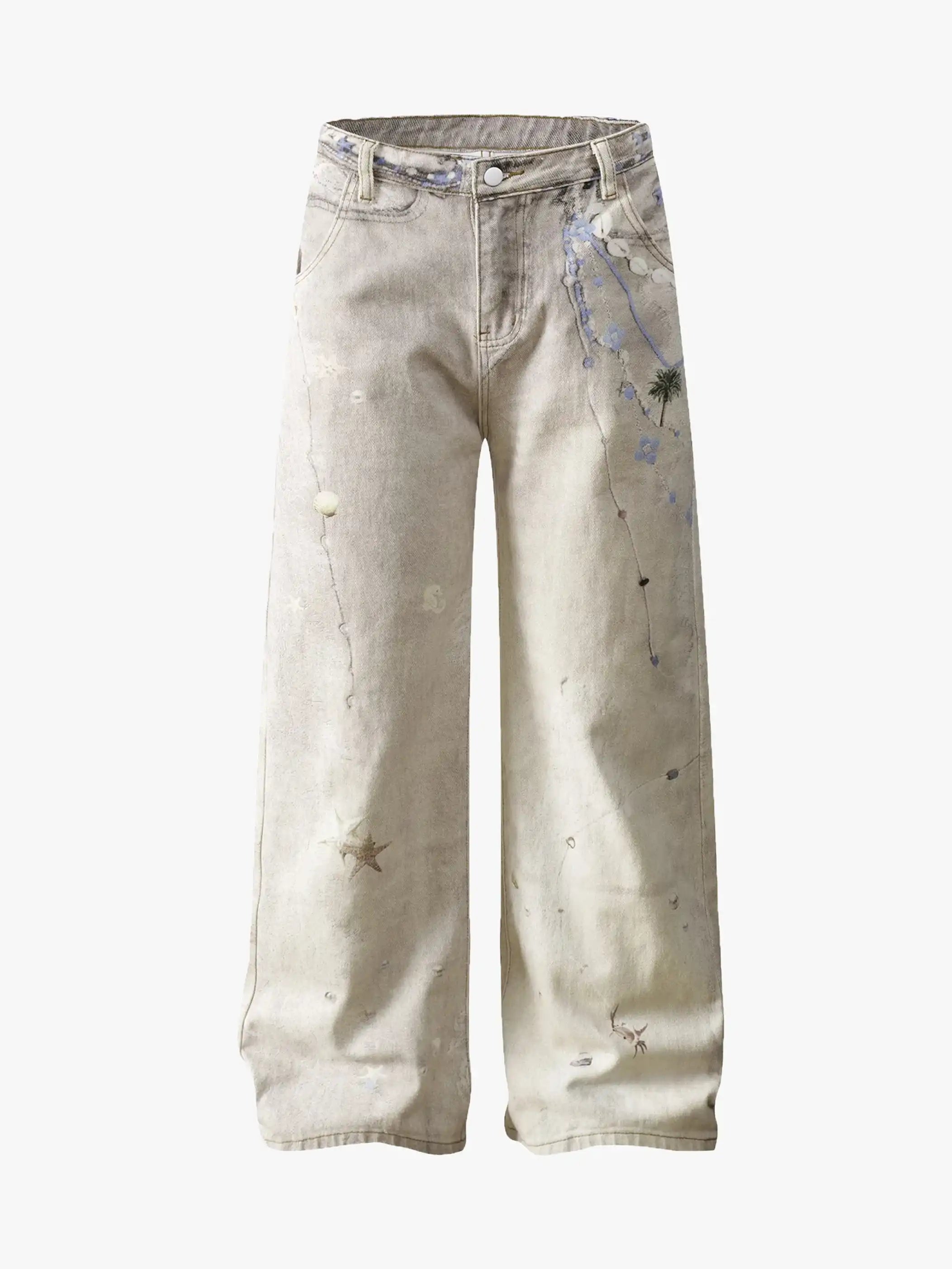 Beige Wide Leg Vintage Printed Jeans-S1026