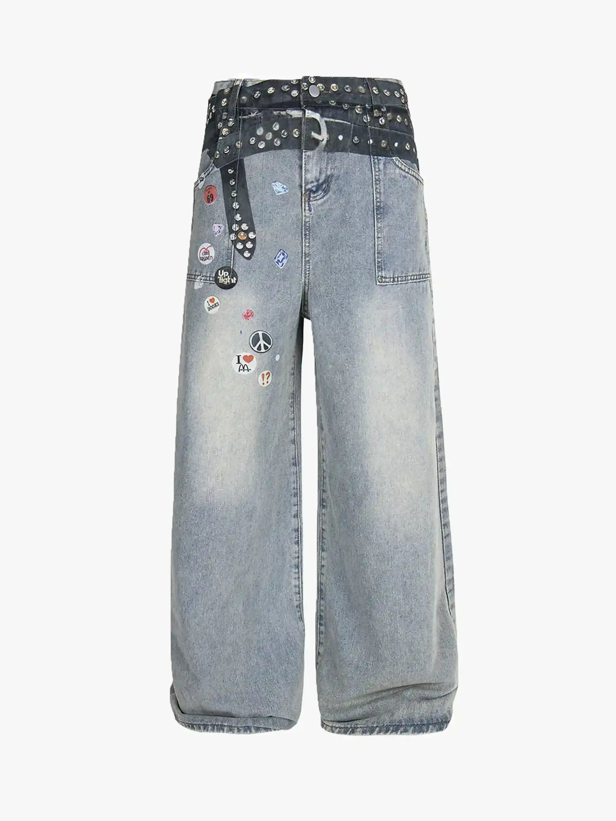Y2K Studded Patchwork Wide Leg Denim Pants-S1003