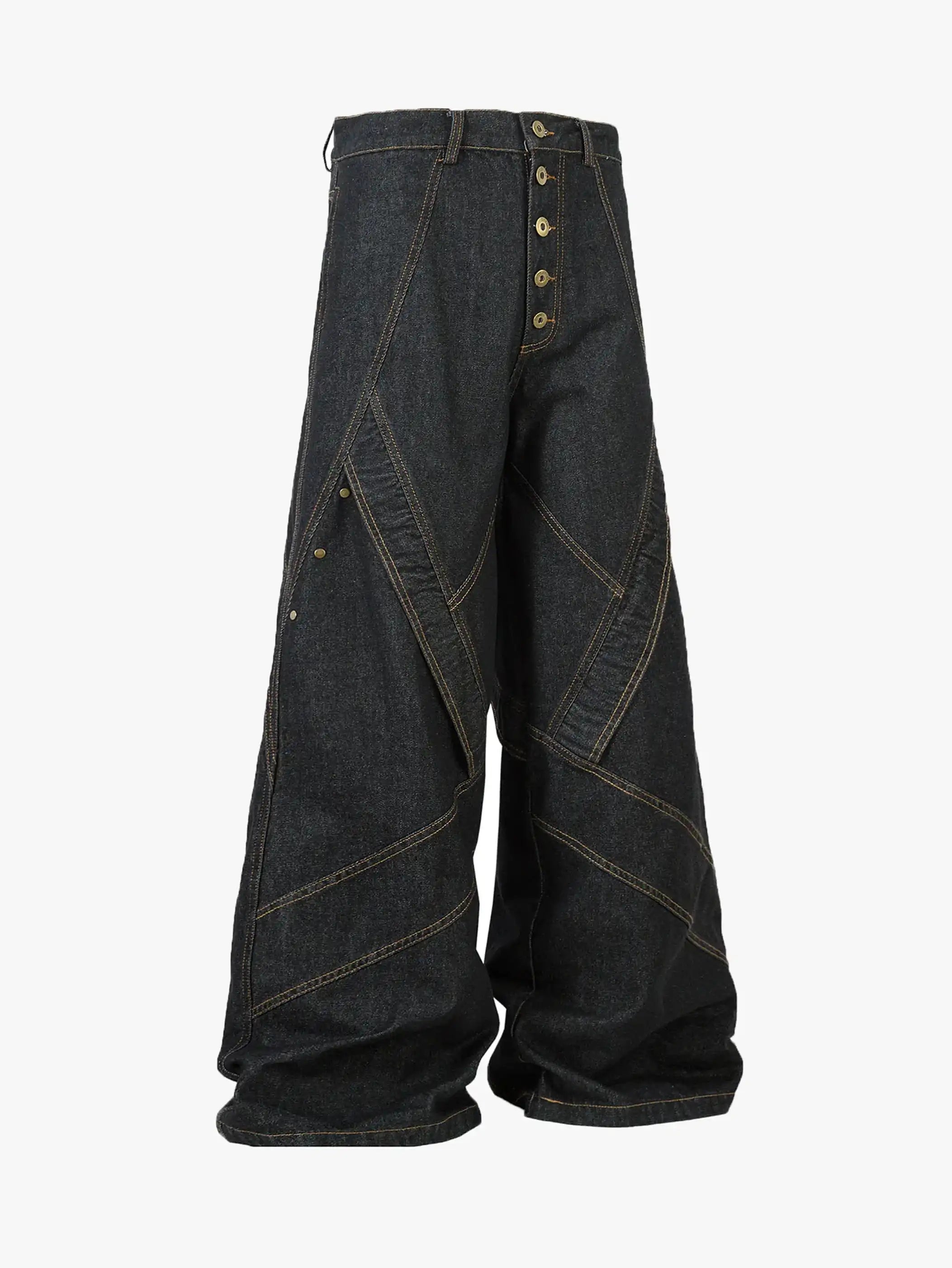 Metal Button Washed Denim Pants-S1066
