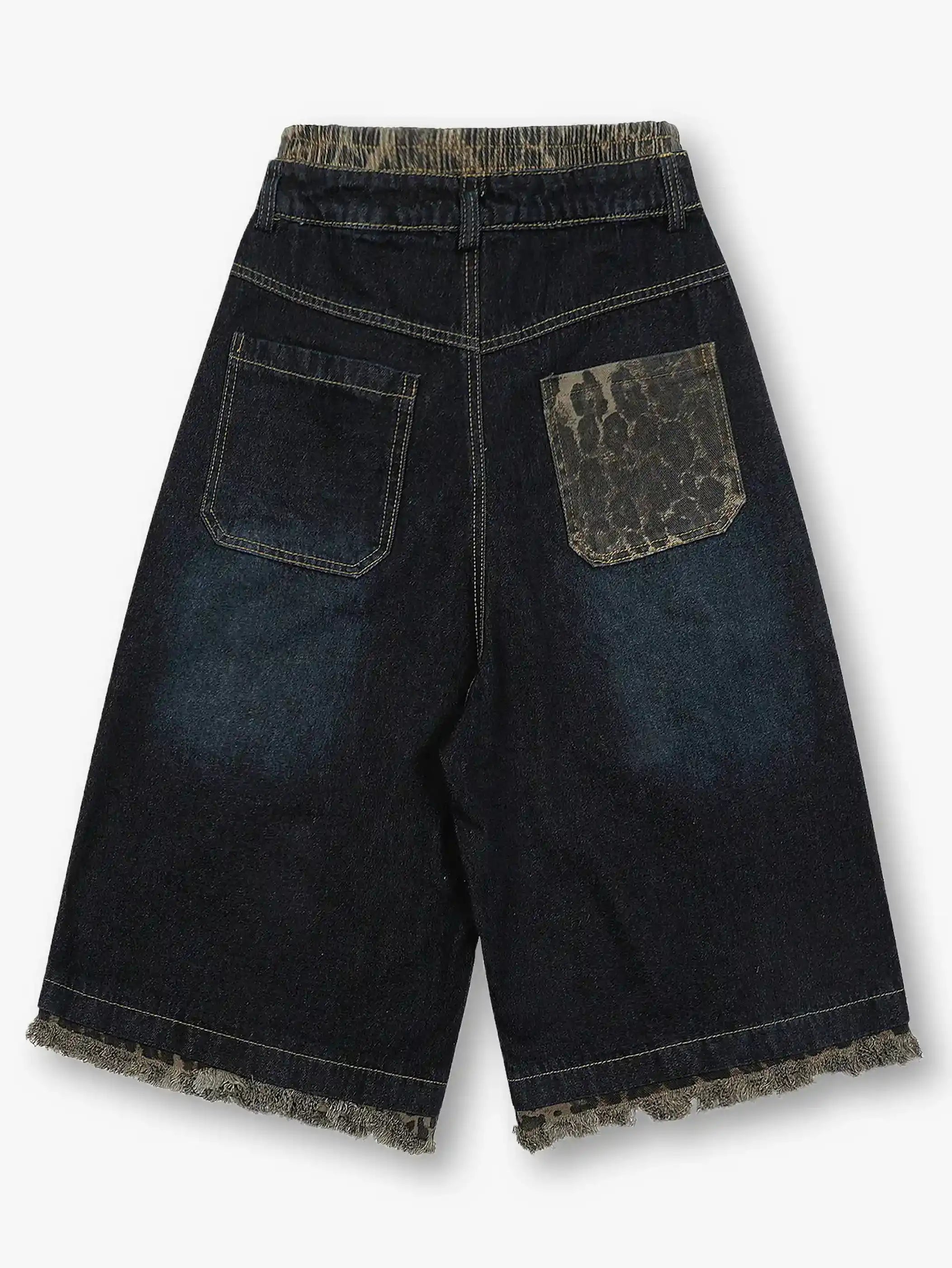 Wide Leg Denim Shorts with Leopard Patchwork-S1039