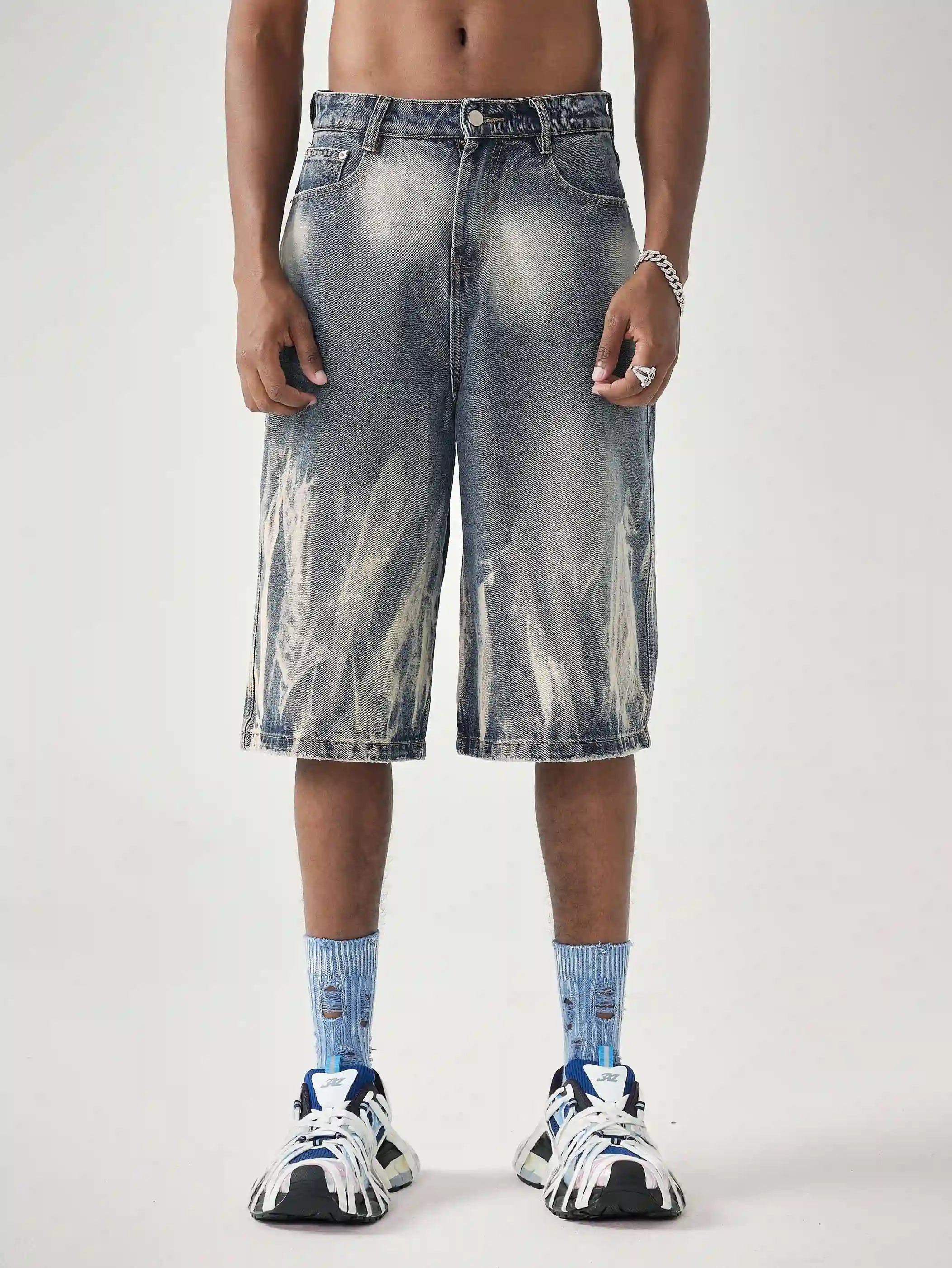 Washed Crack Denim Shorts-s998