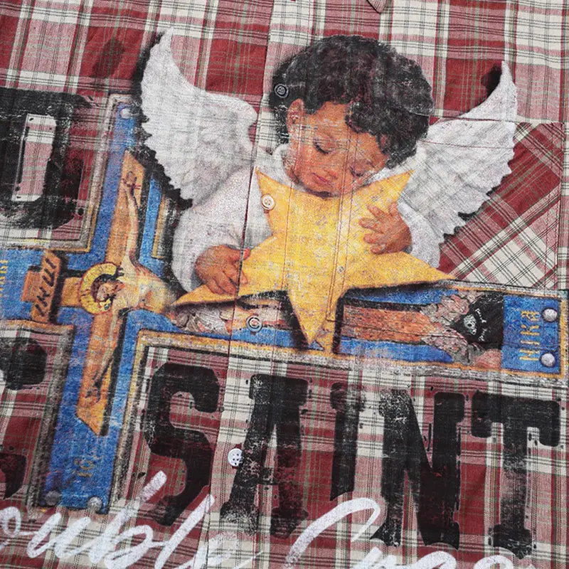 red plaid cherub graphic shirt