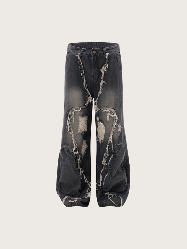 Baggy Distressed Black Denim Pants Featuring Dramatic Frayed Details and Oversized