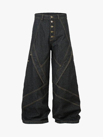 Metal Button Washed Denim Pants-S1066