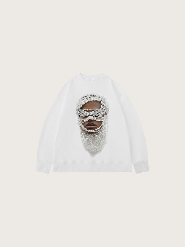 White Oversized Sweatshirt Featuring a Striking Portrait of a Woman Draped in Layered Pearls