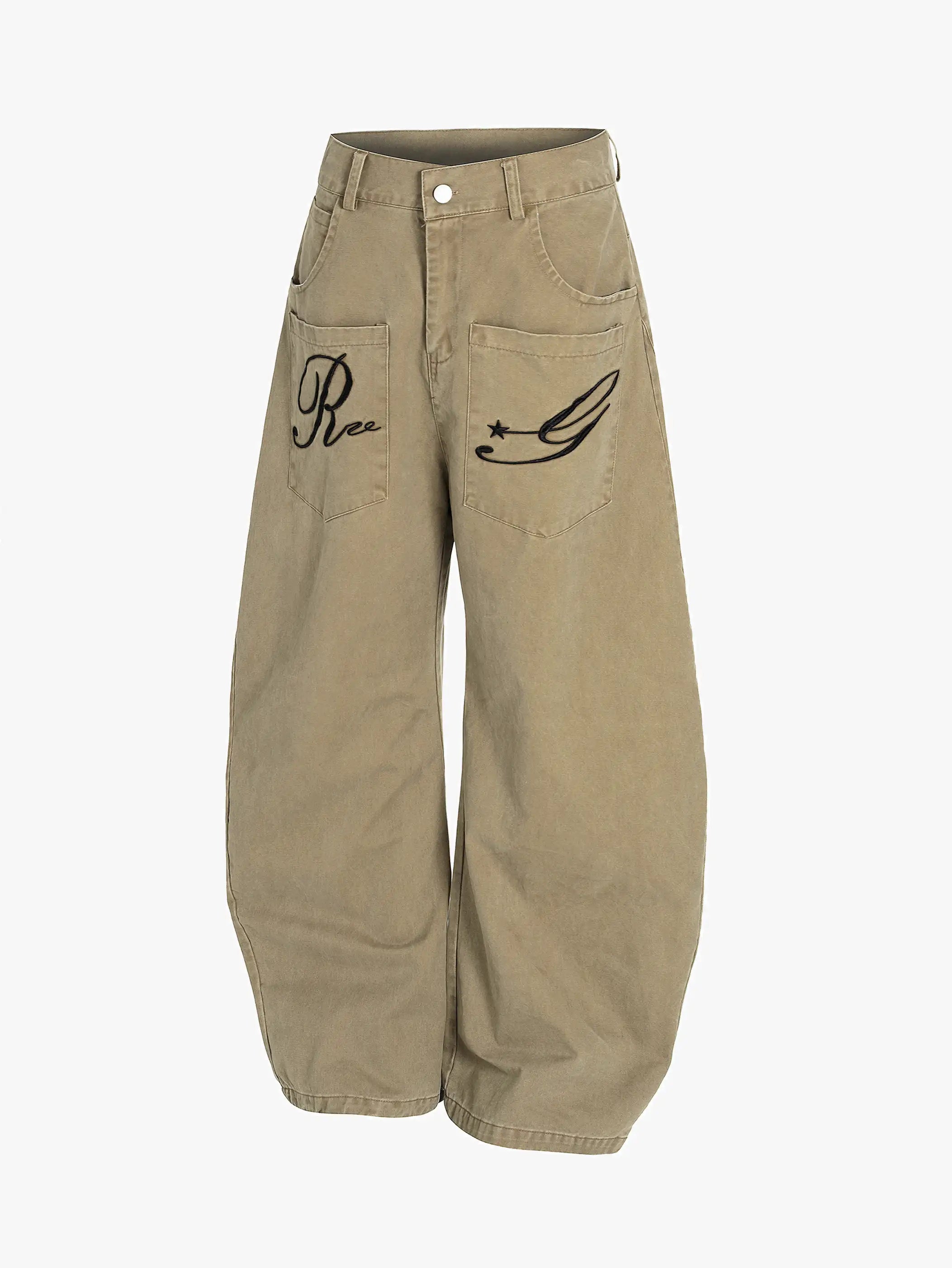 Retro Embroidery Wide Blade Pants-S1120