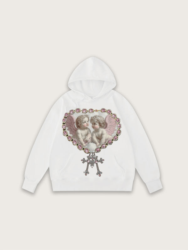 Double Crazy Print Hoodie with Heart-Shaped Rosary Romantic White Pullover Sweatshirt