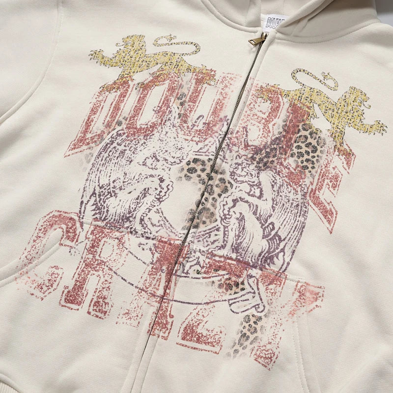Faded Leopard Text Zip Hoodie-752