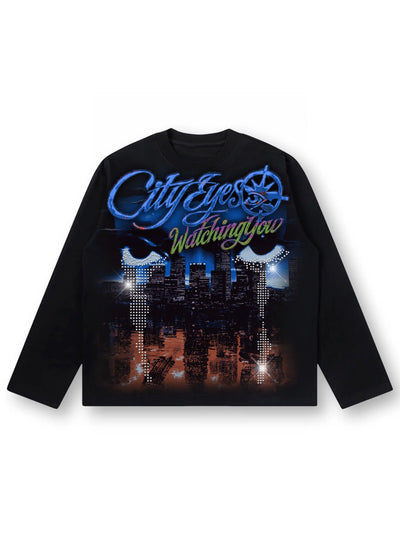 Bling crying skyline rhinestone long sleeve front view DoubleCrazy