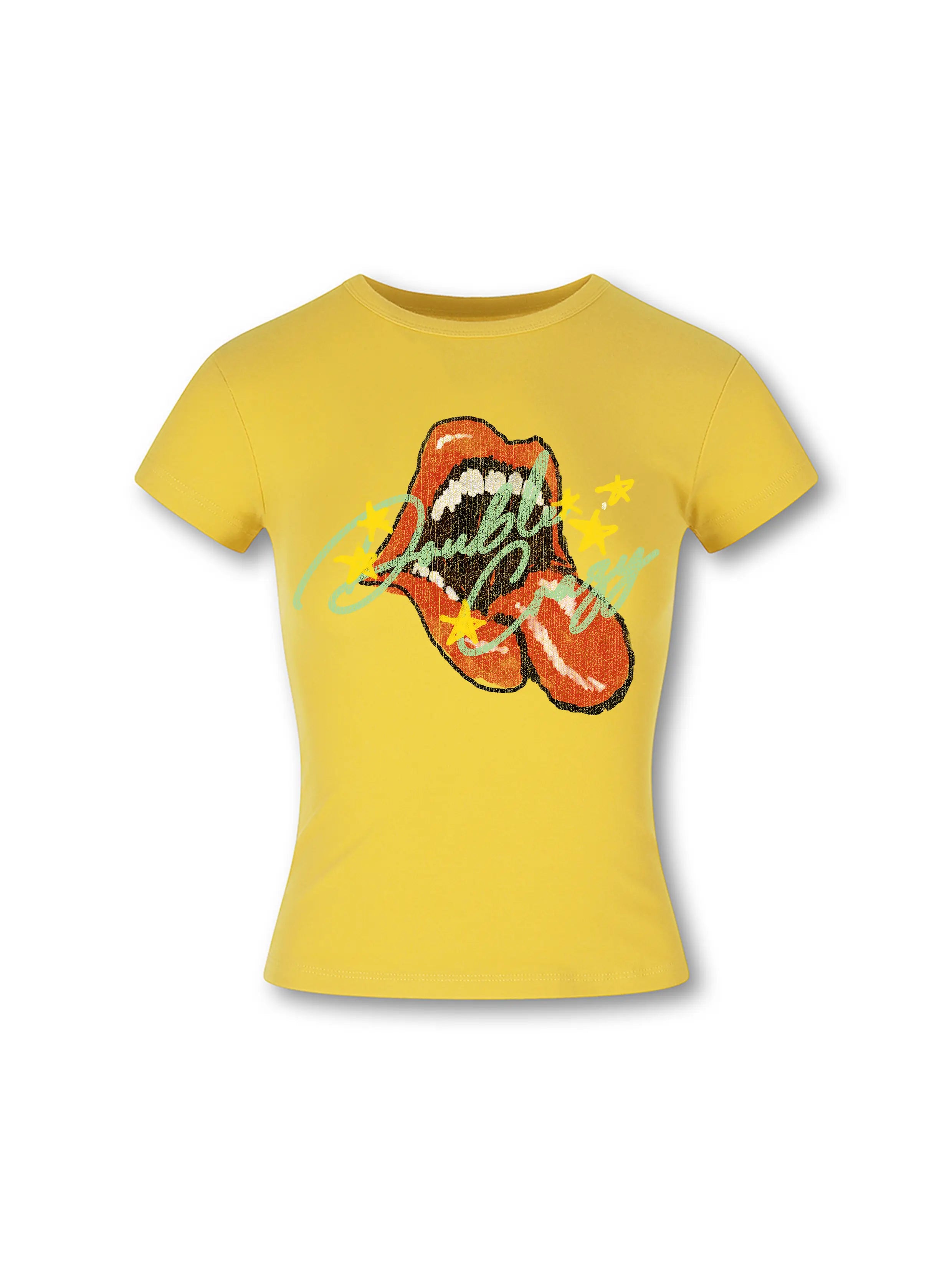Y2k grunge rolling lips baby tee front view DoubleCrazy
