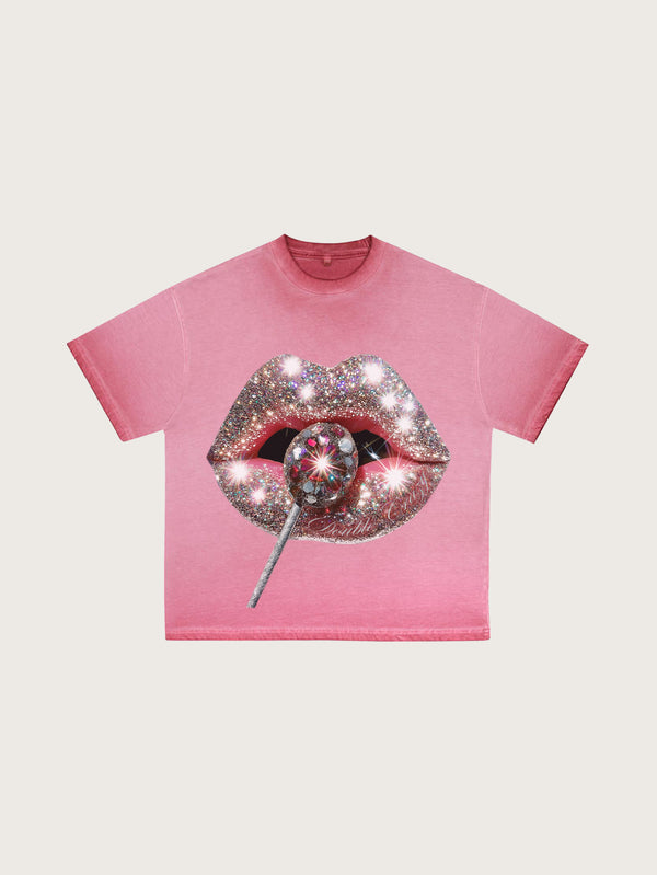 Pink Glitter Lips Graphic Tee Sparkling Lollipop Print T-Shirt