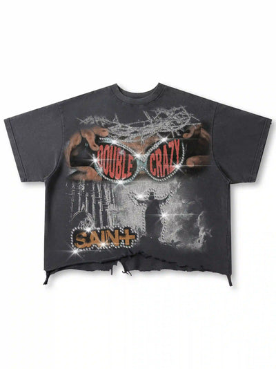 Iced-Eye Faded Raw Hem Graphic Tee-463