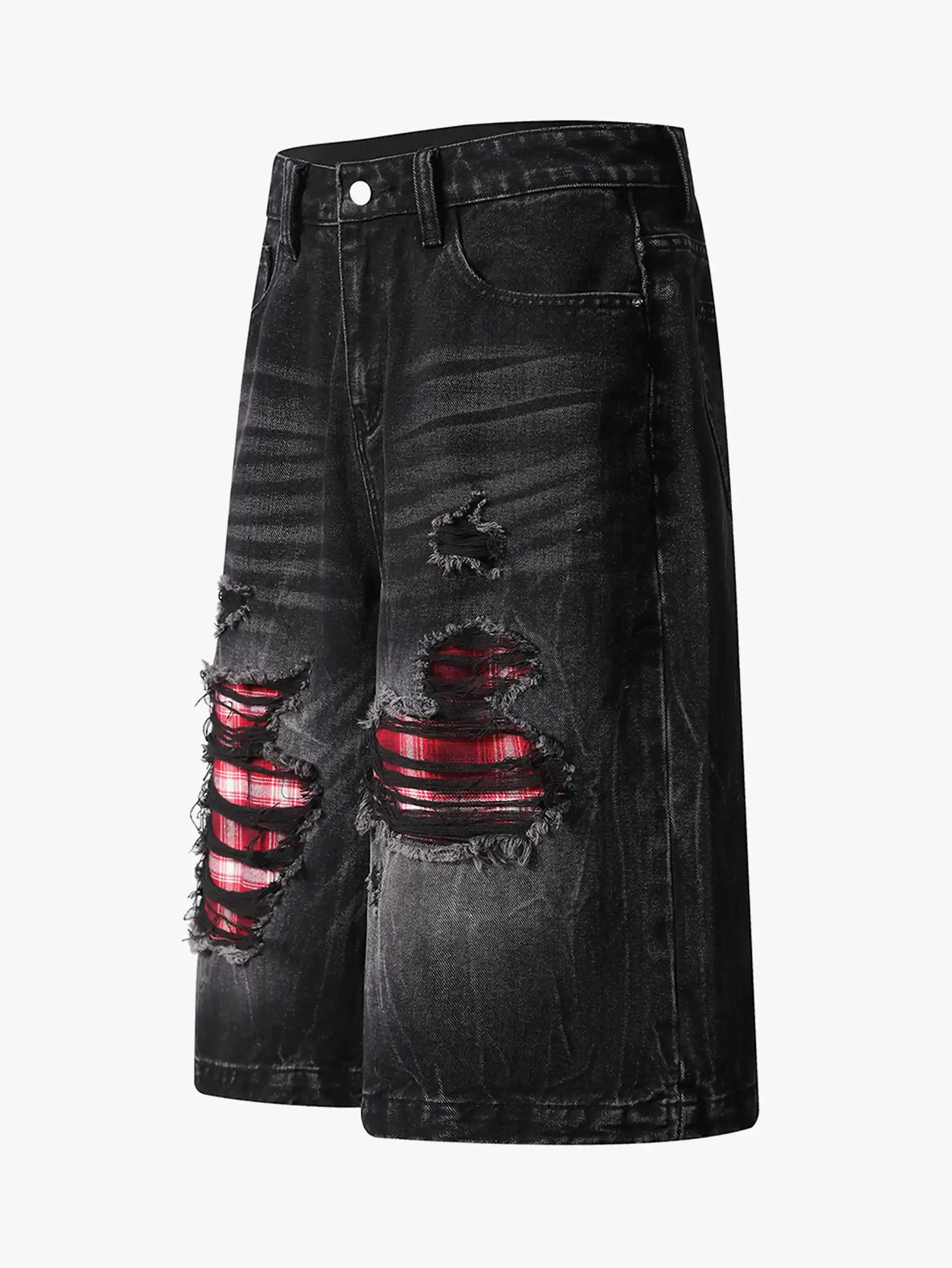 Ripped Plaid Denim Shorts-S1086