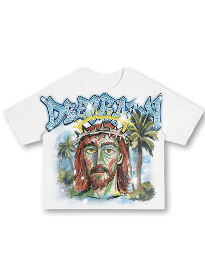 Abstract Jesus Rhinestone Tee-537