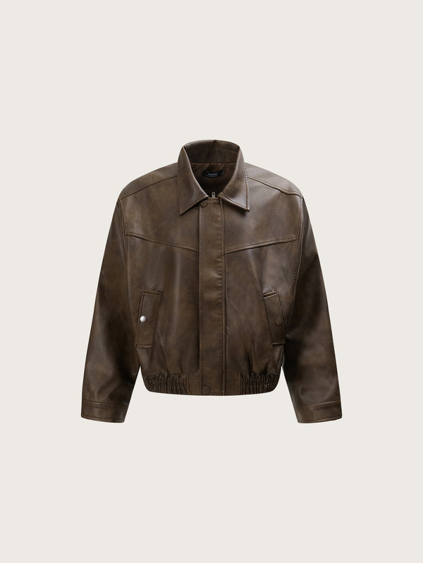 Classic Brown Faux Leather Jacket with Collared Design Timeless and Stylish Look