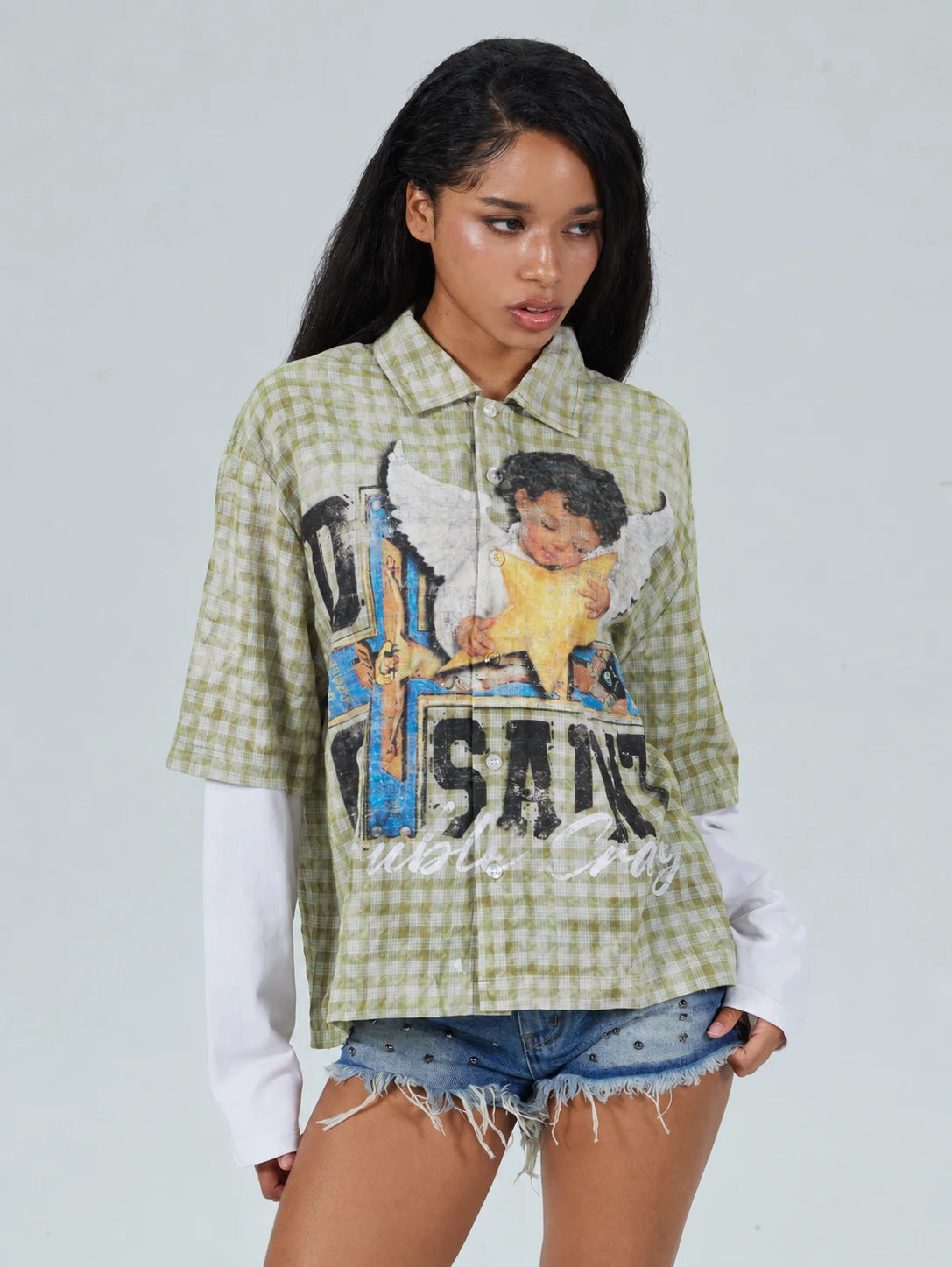 T-shirt manches longues ample superposé avec motif chérubin grunge - 714