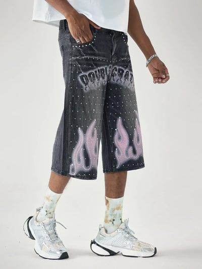 Double Crazy Flames Denim Shorts-199