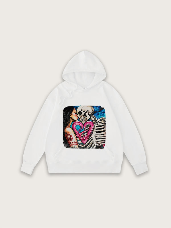 White Hoodie with Skeleton and Love Heart Graphic Print for Women