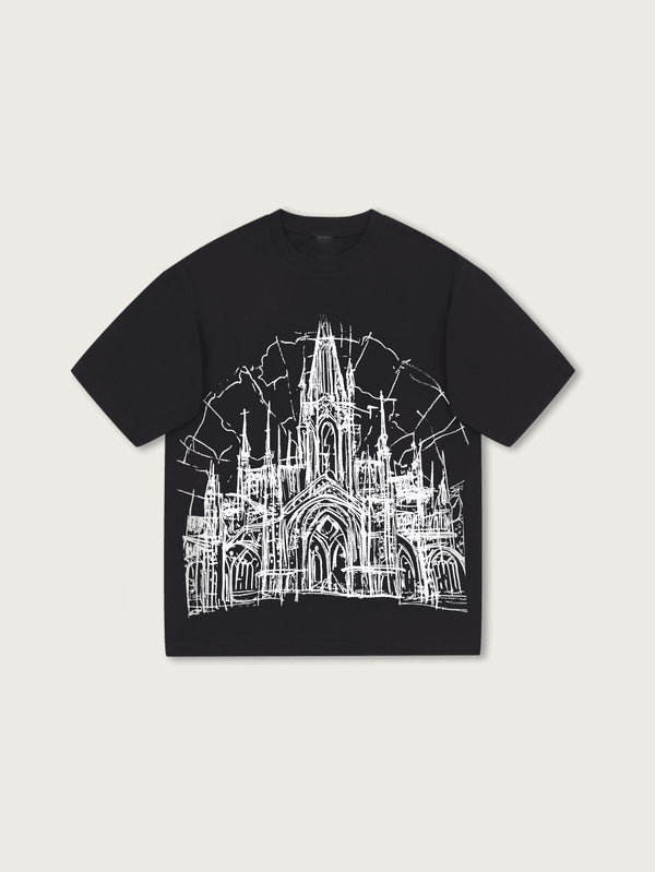 Black Graphic T-Shirt with Gothic Cathedral and Cracked Glass Design