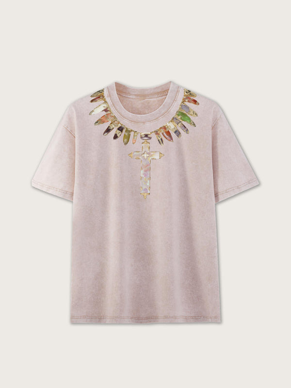 Hot Sale Beige T-Shirt with Cross and Gem Necklace Graphic Print