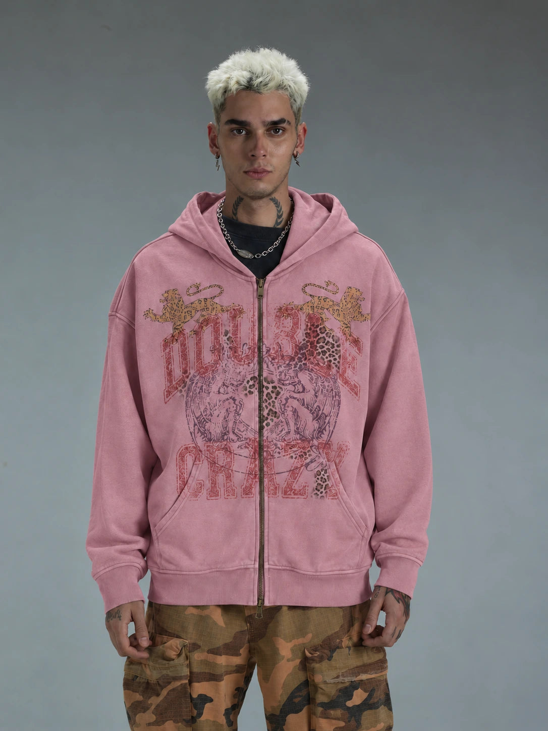 Faded Leopard Text Zip Hoodie-752