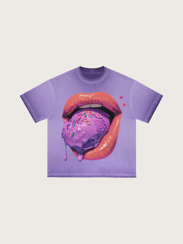 New Arrival Purple Graphic T-Shirt with Ice Cream and Lips Print