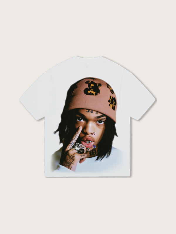 Streetwear Graphic Tee with Tattooed Model and Leopard Print Beanie Design