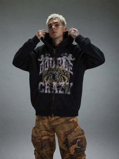 Faded Leopard Text Zip Hoodie-752