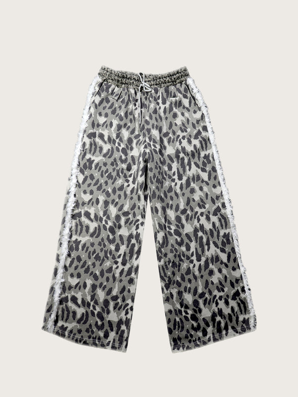 Gray Leopard Print Wide-Leg Pants with Textured Frayed Side Details Elastic Waistband