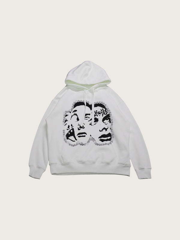 White Hoodie Artistic Faces Graphic Print Streetwear Unisex Casual Pullover