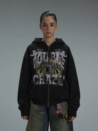 Faded Leopard Text Zip Hoodie-752