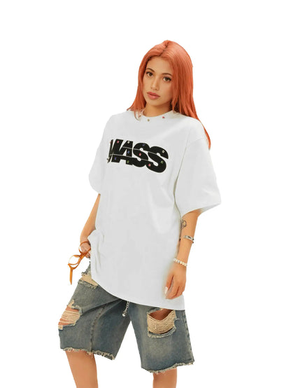 Jewel-Accented MASS Print Oversized T-shirt-S1004