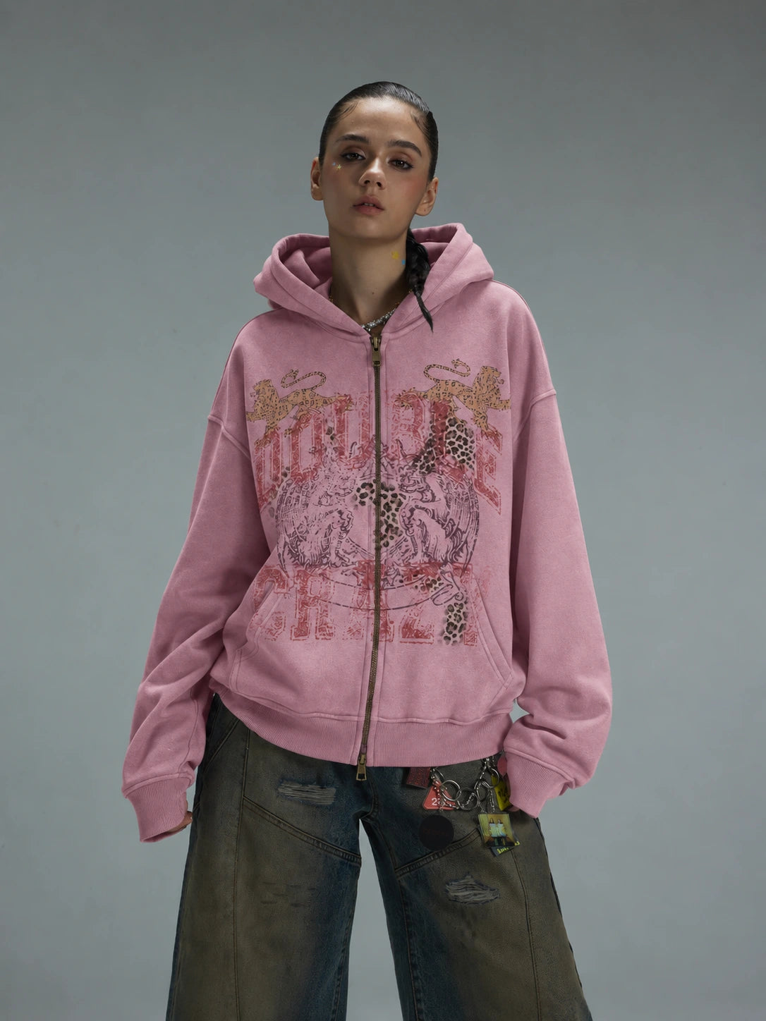 Faded Leopard Text Zip Hoodie-752