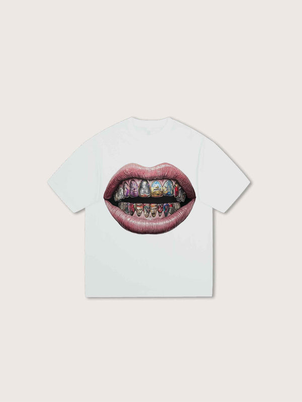 White T-shirt with Diamond Grill and Double Crazy Graphic Design