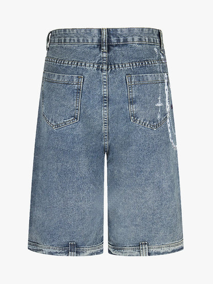 Chain Print Denim Shorts with Poker Graphic-S1014