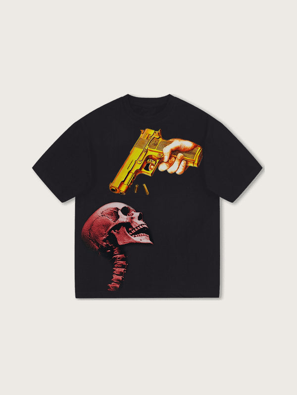 Golden Gun and Skull Graphic Tee with Bold Design