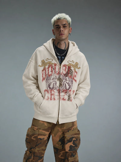 Faded Leopard Text Zip Hoodie-752