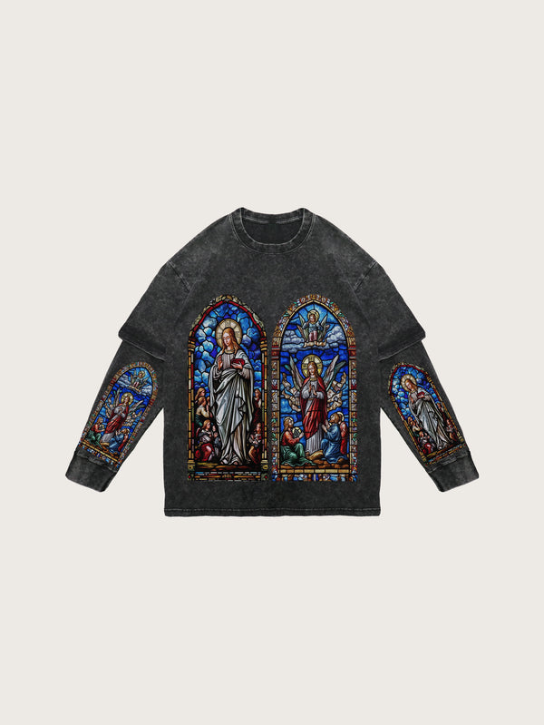 Double Crazy Vintage Stained Glass Print Long Sleeve T-Shirt