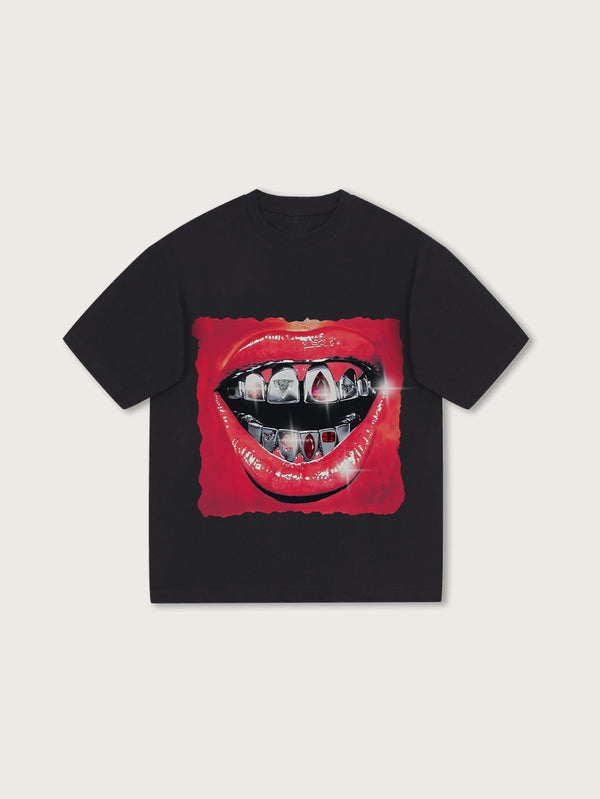 Luxury Diamond Grillz Mouth Graphic T-Shirt Black Streetwear Fashion Hip-Hop Style