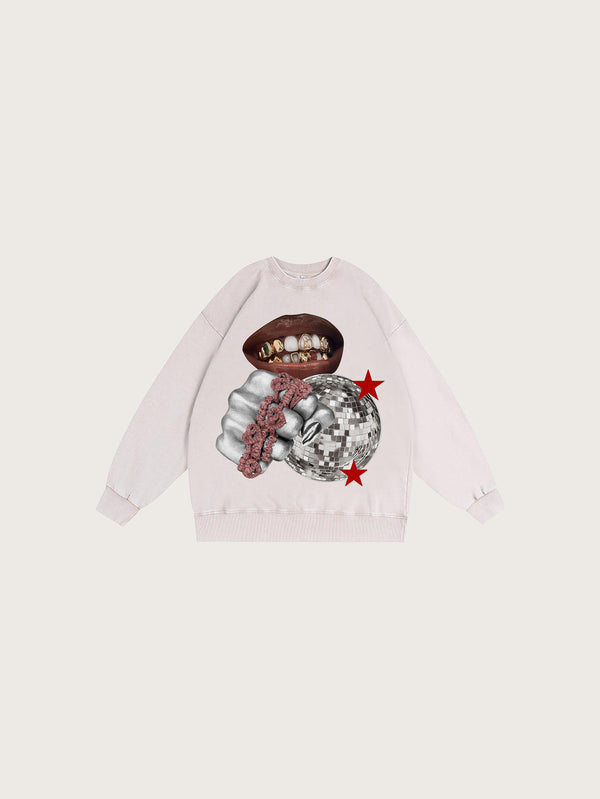 Trendy Sweatshirt with Gold Teeth Disco Ball Red Stars and Graphic Design