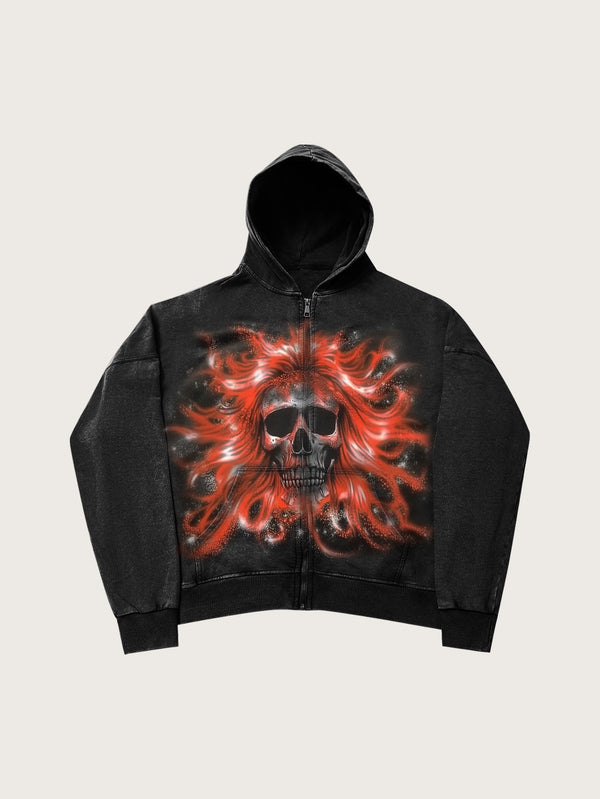 Unisex Black Zip-Up Hoodie with Skull and Red Hair Graphic Print