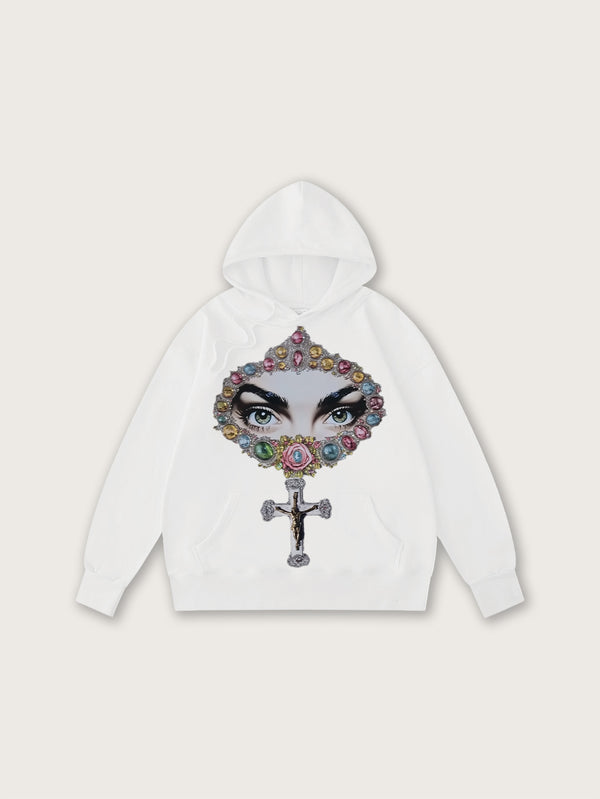 Double Crazy White Hoodie with Jewel Eyes and Cross Graphic Print