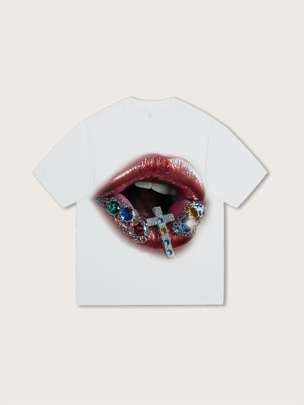 White Graphic T-Shirt with Diamond Grillz Lips and Cross Pendant Print