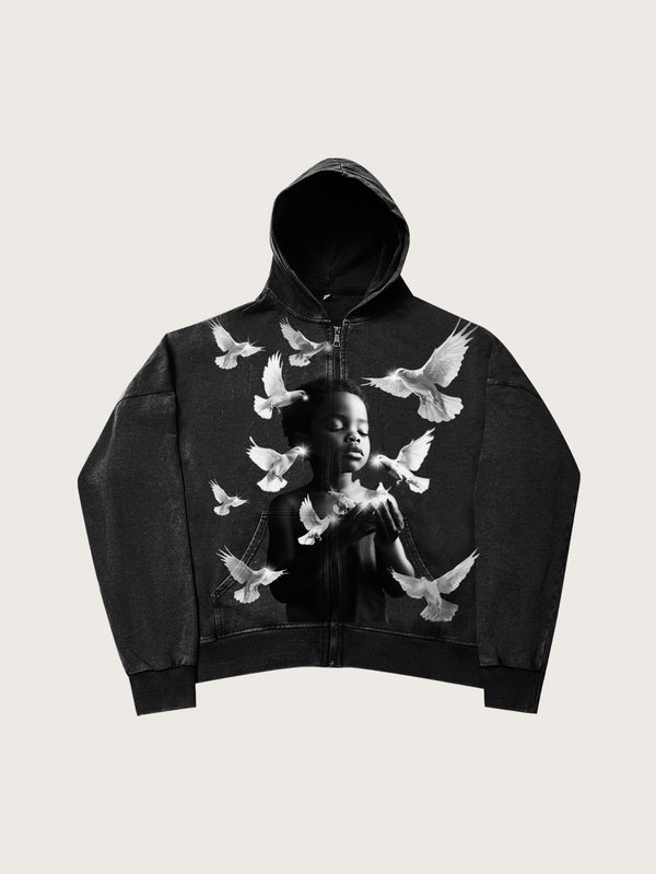 New Graphic Hoodie with Doves Design Casual Zip-Up Sweatshirt