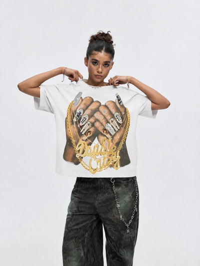 Bling Gold Chain Nail Boxy Tee-593