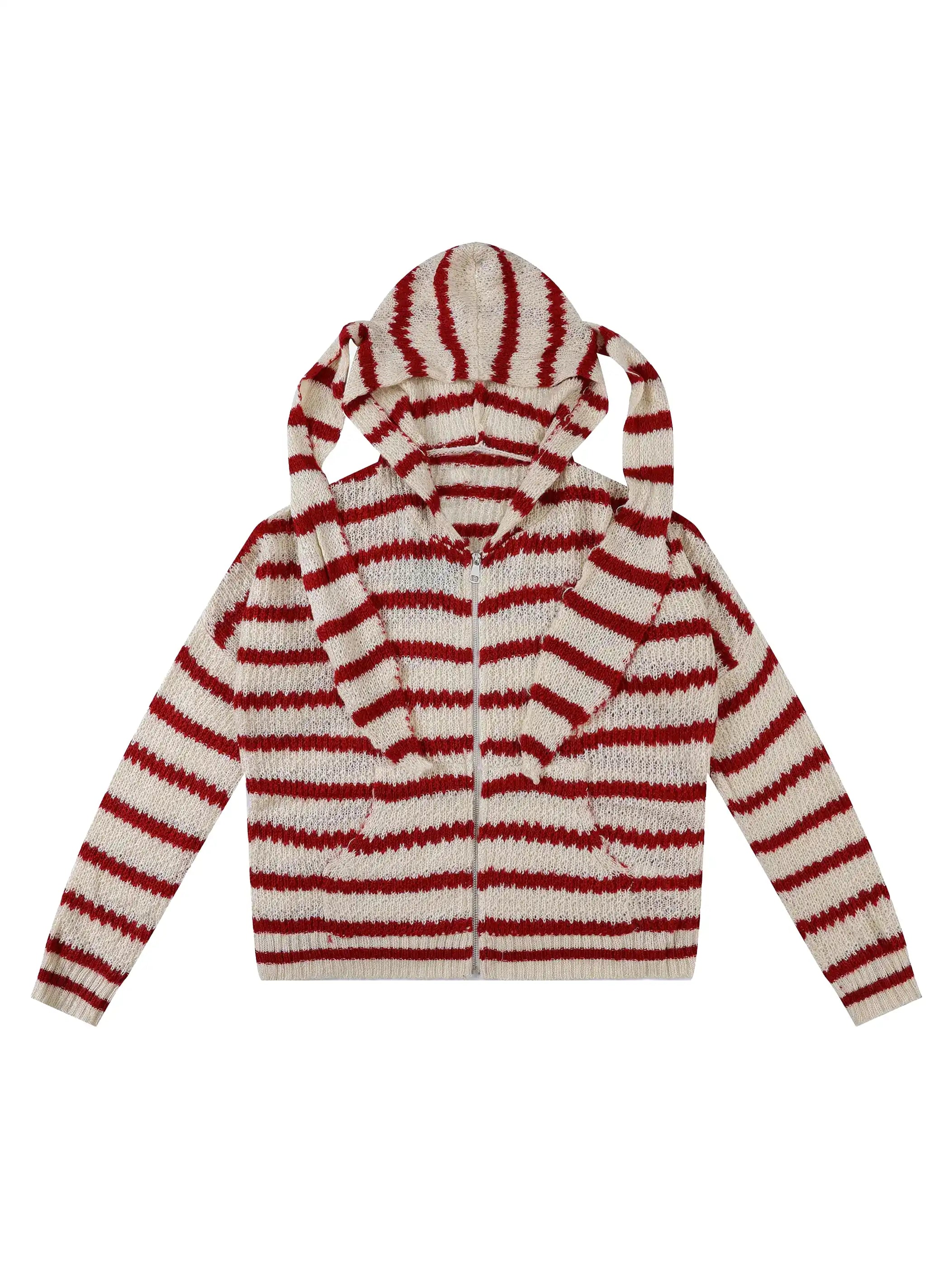 Whimsical Big-Ear Striped Knit Hoodie-S1111
